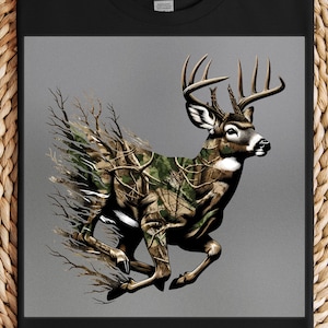 Camo Deer DTF Transfer, Rustic Running Deer Design, Antler Forest Graphic, Ready to Press Iron-On, DIY Hunting Shirt Decor, Bold Artwork