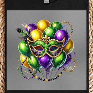 Mardi Gras DTF Transfer, Balloons with Mask and Beads in Purple Green Gold, Perfect for DIY Ready to Press Shirt Art