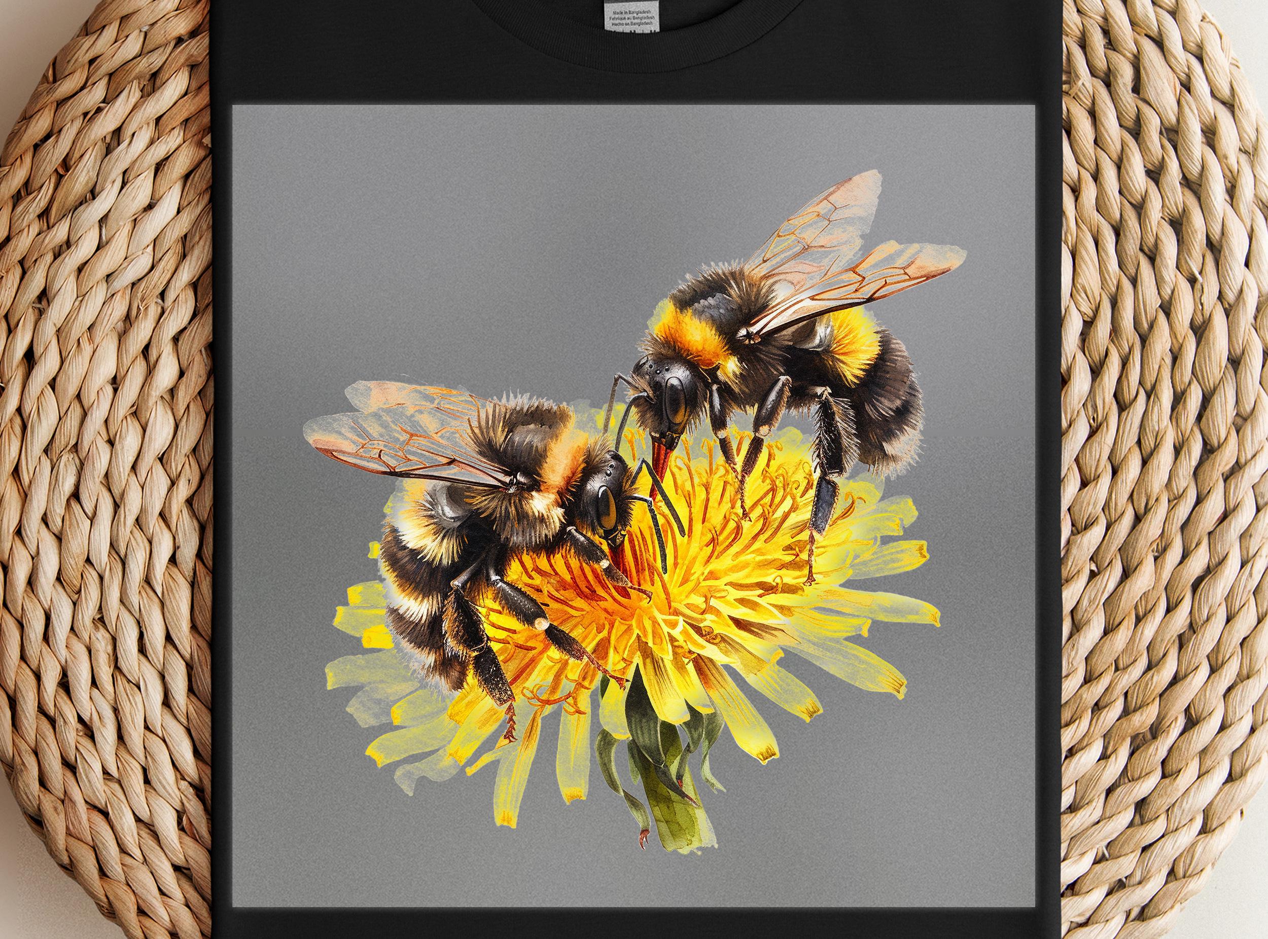 Bumble Bee DTF Transfer, Realistic Bees on Dandelion Flower, Ready to Press DIY Print for Shirts, Nature Insect Decor, Bee Art Print