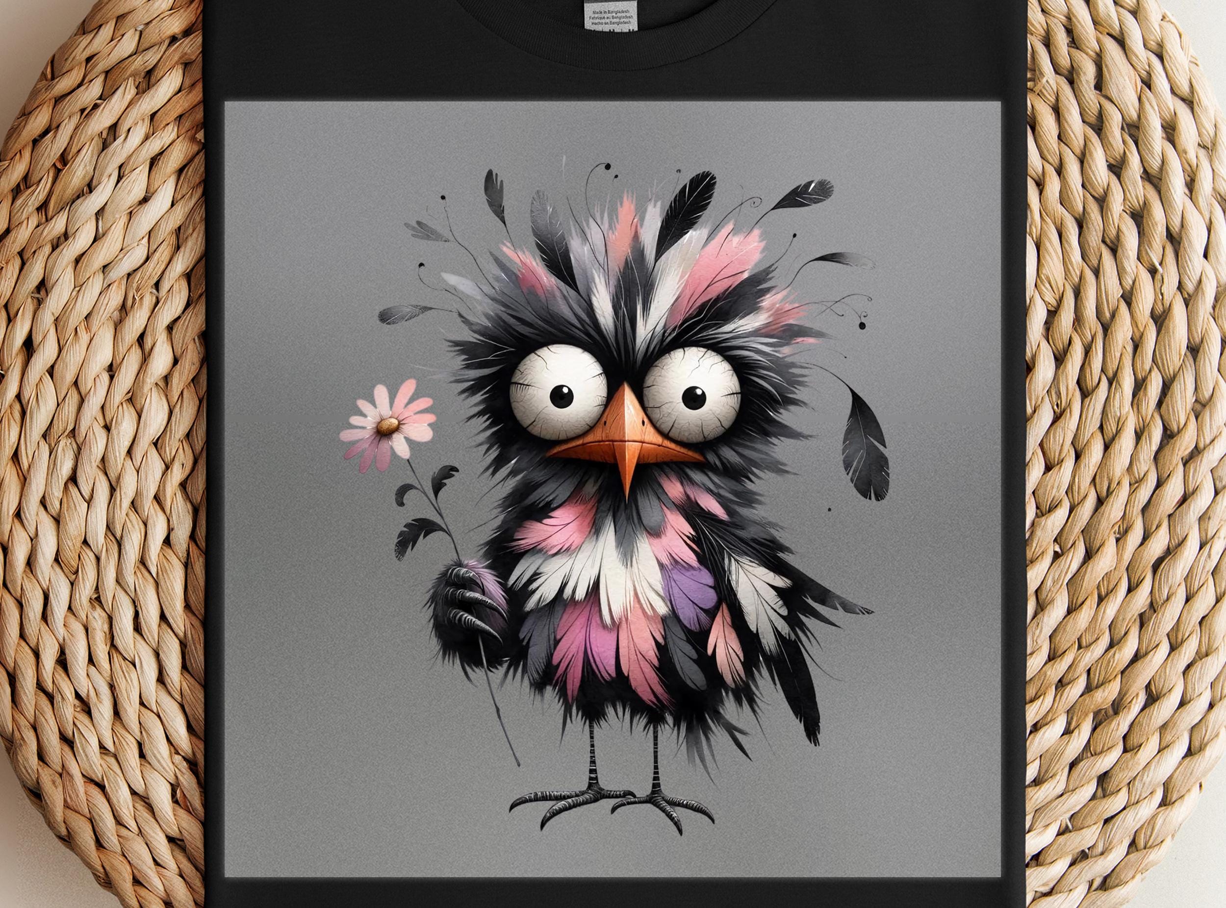 Cute Owl Holding Flower DTF Transfer, Cartoon Bird with Pink Feathers, Ready to Press, DIY Kids Shir