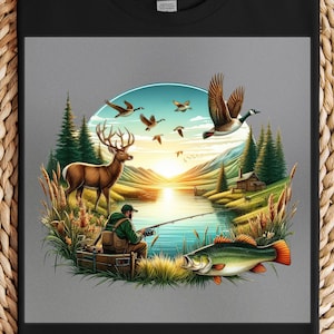 Hunting and Fishing DTF Transfer, Outdoor Adventure Art, Rustic Deer and Bass Print, Ready to Press, DIY Iron-On, Country Life Shirt