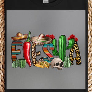 Fiesta DTF Transfer, Mexican Party Print, Ready to Press, Fun Cinco De Mayo Shirt, Cute Colorful Celebration Art, Sombrero & Cactus Gift