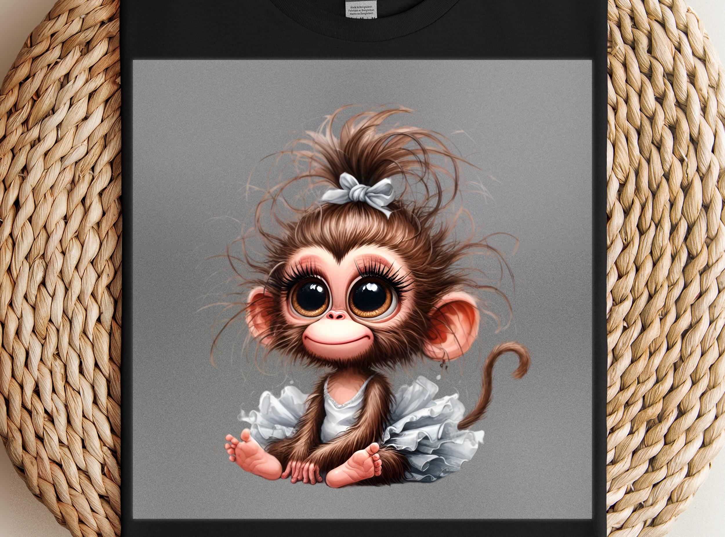 Monkey Ballerina Dtf Transfer, Cute Big Eyed Baby Monkey in Tutu with White Bow, Ready to Press Iron-On for Dance Apparel
