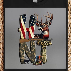American Hunting DTF Transfer, Patriotic Deer Hunt Print, Rustic Camouflage Art, Ready to Press, DIY Iron-On, Hunter Shirt