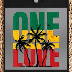 May include: Black t-shirt with a gray graphic featuring the words "ONE LOVE" in green, yellow, and red, with three black palm trees. The design has a distressed, vintage look.