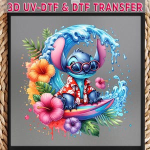 May include: A colorful illustration of a blue cartoon character wearing sunglasses and a Hawaiian shirt, surfing on a surfboard. The character is surrounded by a wave, tropical flowers, and foliage. The text "3D UV-DTF & DTF TRANSFER" is at the top.