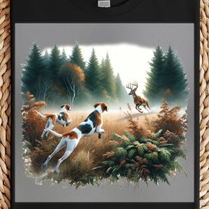 May include: A black t-shirt with a gray print of two brown and white hunting dogs chasing a white-tailed deer through a forest.