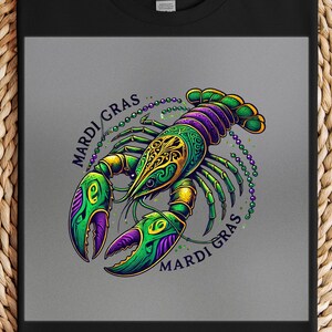 Mardi Gras Lobster DTF Transfer, Festive Purple Green Gold Shirt Design, DIY Ready to Press Art for Carnival Celebration
