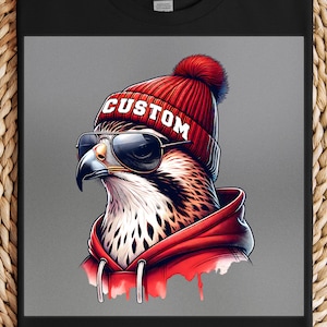 Custom Hawk Mascot DTF Transfer: Bird with Red Winter Hat and Shades