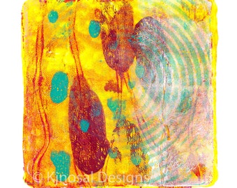 Art Print, Monoprint, Abstract Art, Wall Art, Yellow, Acrylic Painting, printmaking, handmade, gifts, Turquoise, Circles