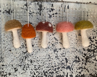 May include: Five felt mushroom decorations in various colours, including brown, orange, pink, green, and tan, hanging from a branch. Each mushroom has a white dot on top.