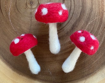 Set of THREE Red  Felt Mushrooms  Ornaments Handmade