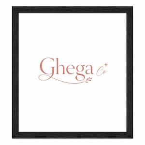May include: A square black wooden frame containing a white background with the text Ghega Co in a rose gold serif font. The text features a decorative flourish underneath the letters and a small four-pointed star icon next to the word Co.