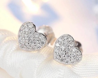 Sterling Silver Crystal Heart Stud Earrings – Romantic Dainty Jewelry UK