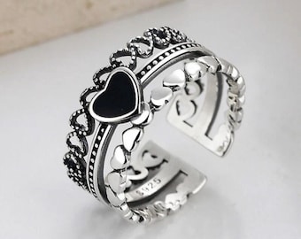 925 Sterling Silver Vintage Heart Linked Ring – Adjustable Romantic Jewelry UK