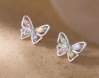 925 Sterling Silver Colourful Crystal Butterfly Stud Earrings – Dainty Nature Jewelry UK