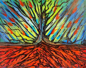 Cardinals and A Tree strongly rooted. Acrylic Painting, Paint Marker Art, 10" x 8" Canvas