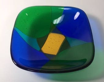 Fused Glass Bowl Blues and Greens