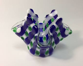 Fused Glass Vase Blue, White and Green,