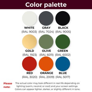 May include: Color palette graphic featuring twelve color swatches: white, gray, black, gold, olive, green, red, orange, and blue. Each color is labeled with its name and RAL code. The text at the bottom states that colors may vary based on lighting and screen settings.