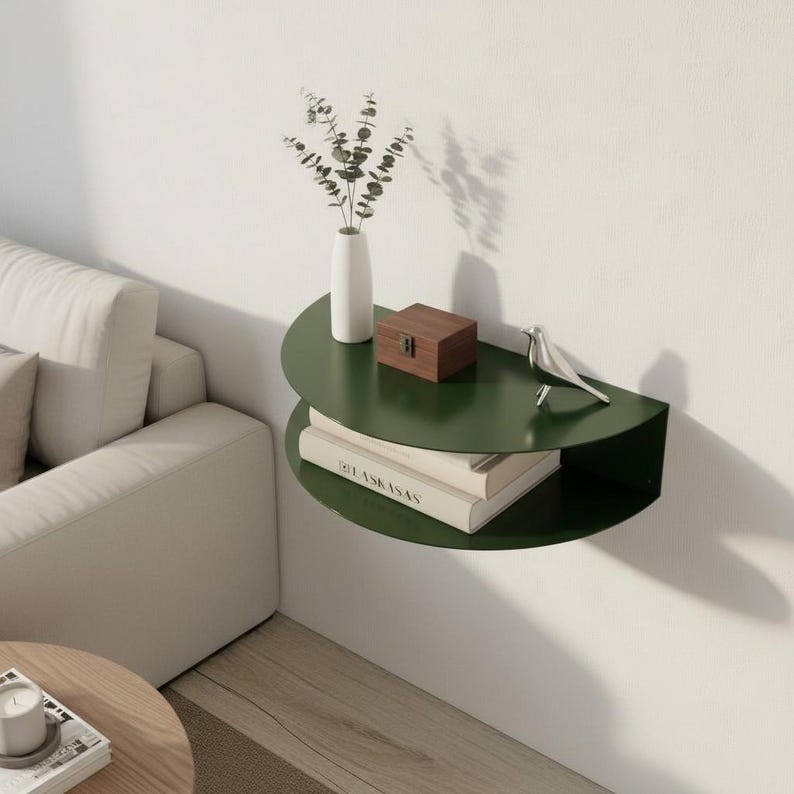 May include: A dark green, semi-circular wall shelf with two tiers. The top shelf holds a white vase with greenery, a small wooden box, and a decorative bird. The lower shelf displays two books. The shelf is mounted on a white wall.