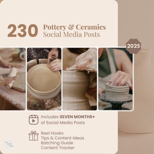 Puede incluir: Un gráfico promocional para publicaciones en redes sociales sobre cerámica y alfarería. La imagen presenta el texto "230 Pottery & Ceramics Social Media Posts" y "Includes SEVEN MONTHS+ of Social Media Posts". El texto adicional incluye "Reel Hooks", "Tips & Content Ideas", "Batching Guide" y "Content Tracker".