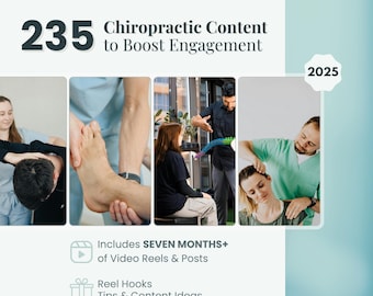 May include: A promotional graphic with the text "235 Chiropractic Content to Boost Engagement" and "Includes SEVEN MONTHS+ of Video Reels & Posts." The image features several photos of chiropractic care and related content.