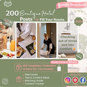 200 Boutique Hotel Social Media Posts, Canva Templates for Hotels, Airbnb, Resorts, Travel & Hospitality Brands, Instagram TikTok Content