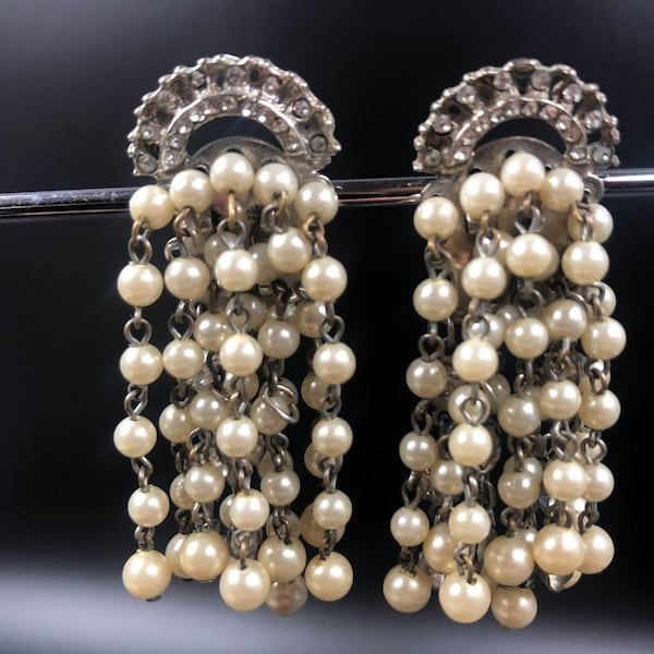 Vintage pearl earrings, Art Nouveau cascade drop clip on earrings