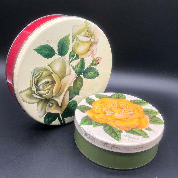 Vintage mid-century rose candy tin canisters, decorative tins, 1950's