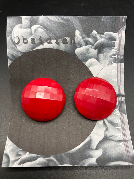 1960's red button earrings, faceted glass clip ons