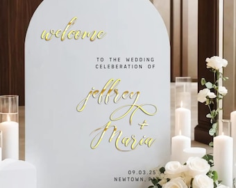 White Acrylic Welcome Sign - Custom Wedding Signs - Reception Signage - 3D Gold Mirror Names