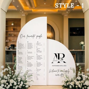 Plano de asientos de arco Plano de asientos de boda grande Panel arqueado con caballete Letrero de entrada Texto personalizado, color, Peso ligero Uso en interiores.