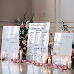 Plano de asientos y letrero de bienvenida de acrílico blanco - Paquete de letreros para boda - Plano de asientos - Encuentre su asiento - Decoración para bodas - Juego de 3