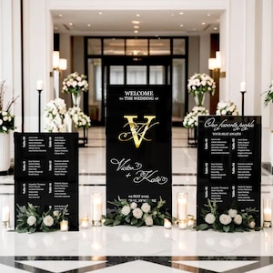 Paquete de letreros para bodas - Plano de asientos en negro - Juego de tres - Letrero de boda de acrílico - Decoración de bodas - Letrero de bienvenida para recepción - Letreros de bienvenida