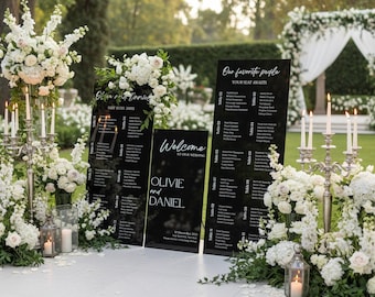Black Acrylic Wedding Signs Set of 3 – Custom Welcome Sign & Seating Chart | Modern Minimalist Wedding Decor | Personalized Reception Sign