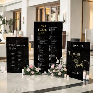 Paquete de bodas: juego de 3 carteles para bodas, cartel con plano de asientos, cartel de bienvenida para bodas, cartel de acrílico negro para bodas