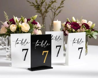 Black Acrylic Wedding Table Numbers – Gold Lettering, Modern Reception Decor