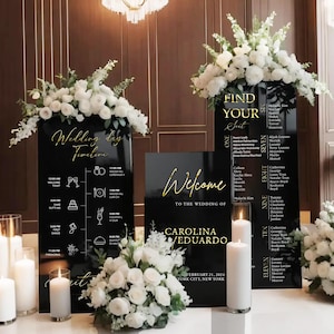 Elegante plano de asientos y cartel de bienvenida: paquete de carteles para bodas: acrílico negro y espejo dorado 3D: decoración para recepción de bodas