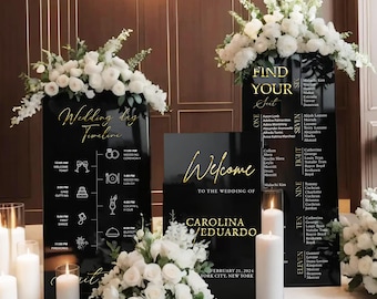 Elegante plano de asientos y letrero de bienvenida - Paquete de letreros para bodas - Acrílico negro y espejo dorado 3D - Decoración para recepción de bodas