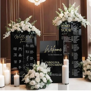 Tableau des places assises élégant et plaque de bienvenue - lot de plaques de mariage - acrylique noir et miroir 3D doré - décoration de réception de mariage