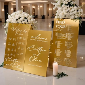 Paquete de boda - Juego de 3 letreros de boda - Letrero con plano de asientos - Letrero de bienvenida - Letrero de recepción - Letrero de boda acrílico dorado