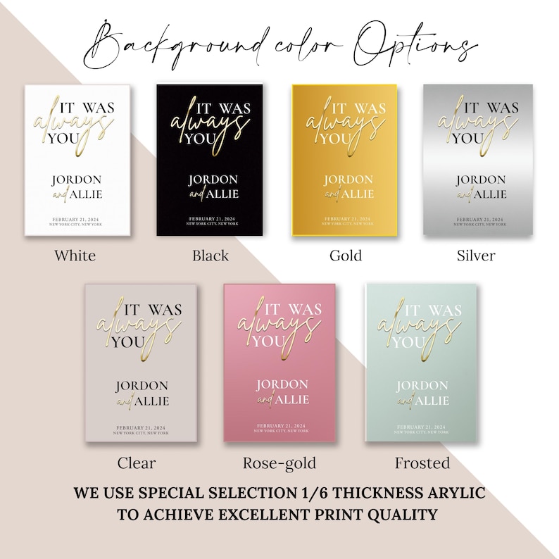 Puede incluir: Una maqueta de un cartel de boda con el texto "It Was Always You" en escritura dorada. El cartel se muestra en 10 colores de fondo diferentes: blanco, negro, dorado, plateado, transparente, oro rosa, esmerilado, azul claro, rosa claro y verde claro. El cartel tambi&eacute;n incluye los nombres "Jordon y Allie" y la fecha "21 de febrero de 2024".