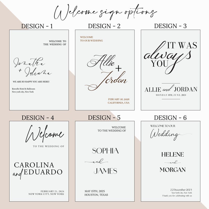 Puede incluir: Seis dise&ntilde;os diferentes de carteles de bienvenida para bodas con diferentes nombres y fechas. Los carteles son todos blancos con texto negro y est&aacute;n dise&ntilde;ados en un estilo simple y elegante.