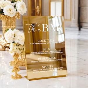 Plaque de bar miroir doré - menu de bar de mariage - cocktails signature - signalisation de bar - plaque de table de réception - décoration de mariage - plaque acrylique dorée