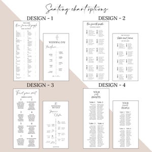 Puede incluir: Cuatro dise&ntilde;os diferentes de planos de asientos para bodas. El primer dise&ntilde;o es un cartel de bienvenida con una lista de nombres de invitados. El segundo dise&ntilde;o es una l&iacute;nea de tiempo del d&iacute;a de la boda. El tercer dise&ntilde;o es un plano de asientos con n&uacute;meros de mesa y nombres de invitados. El cuarto dise&ntilde;o es un plano de asientos con n&uacute;meros de mesa y nombres de invitados.