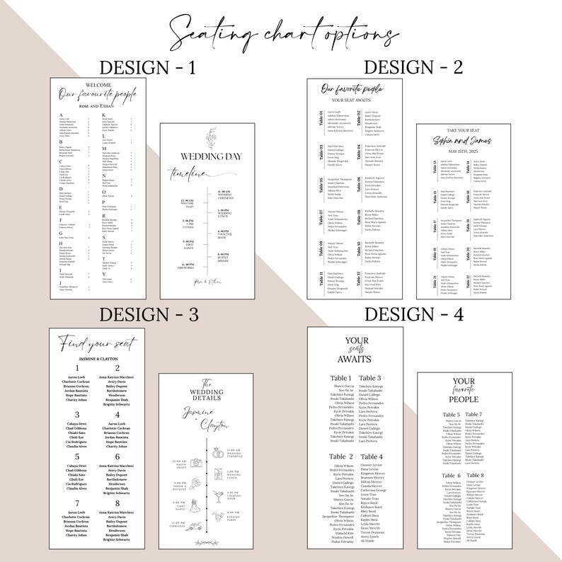 Puede incluir: Cuatro dise&ntilde;os diferentes de planos de asientos para bodas. El primer dise&ntilde;o es un cartel de bienvenida con una lista de nombres de invitados. El segundo dise&ntilde;o es una l&iacute;nea de tiempo del d&iacute;a de la boda. El tercer dise&ntilde;o es un plano de asientos con n&uacute;meros de mesa y nombres de invitados. El cuarto dise&ntilde;o es un plano de asientos con n&uacute;meros de mesa y nombres de invitados.