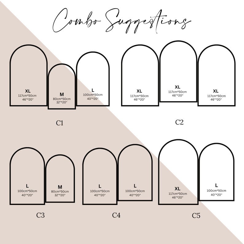 May include: Diagram showing different size combinations for arch backdrops. The sizes are labeled XL, L, and M with measurements in inches. The combinations are labeled C1, C2, C3, C4, and C5.
