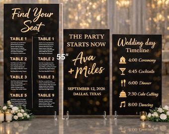 Personalized Black Acrylic Wedding Signs, Seating Chart Welcome and Timeline Bundle, Gold Wedding Decor
