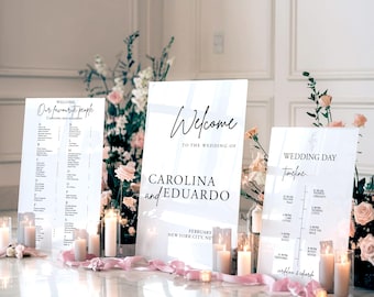Letrero de boda con espejo dorado: plano de asientos, bienvenida y recepción
